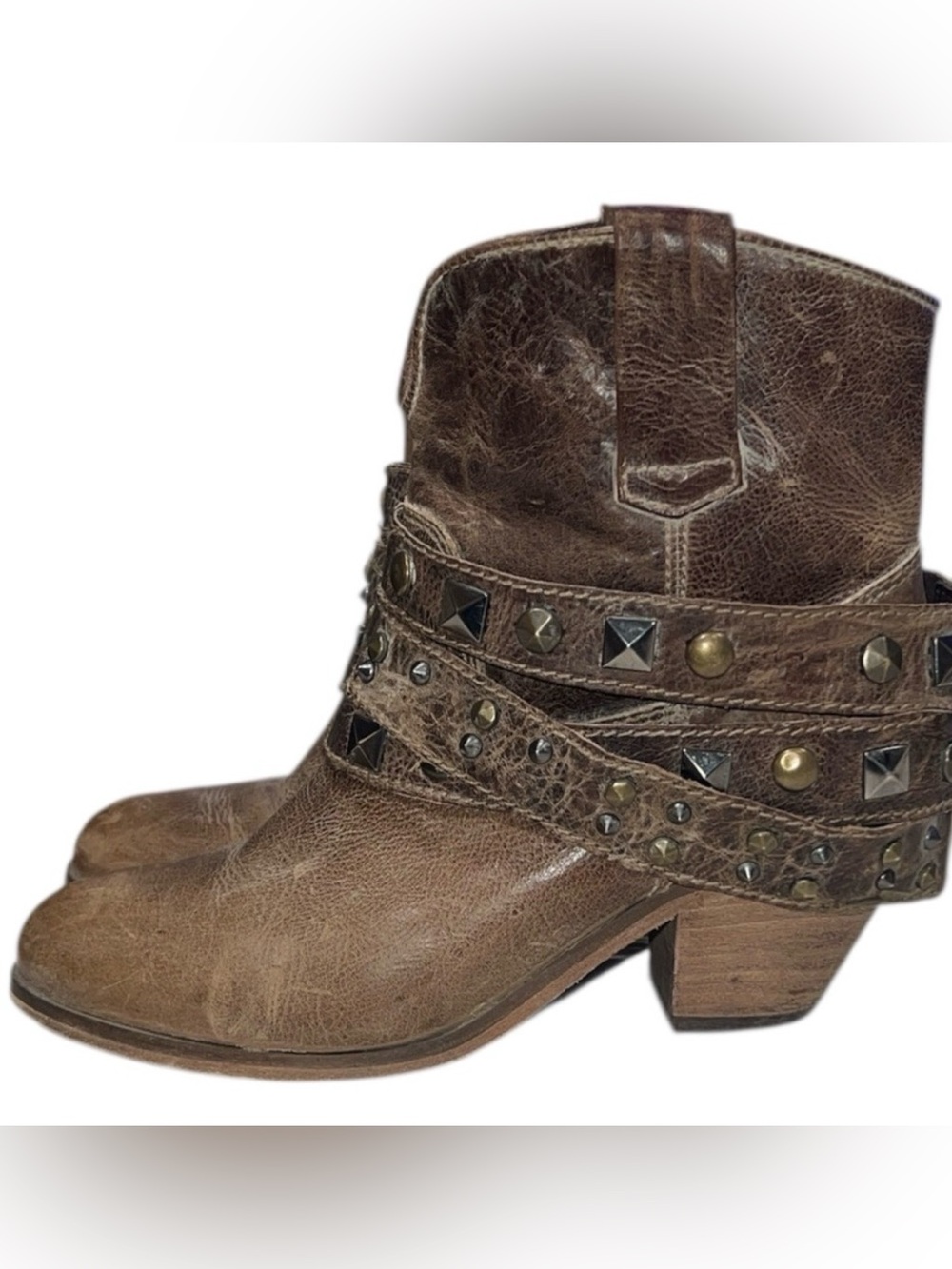 Corral studded strap ankle boots in distressed brown leather 9.5